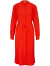 Hugo Boss Belted Dress With Collarless V Neckline And Button Cuffs In Orange