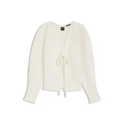 Hugo Boss Tie-front Rib-knit Cardigan With Balloon Sleeves In Neutral