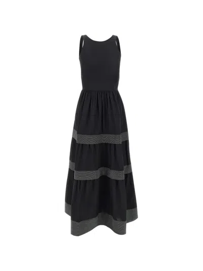 Hugo Boss Tiered Striped-trim Dress In Black