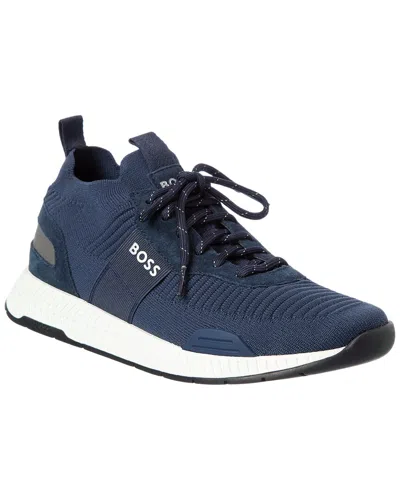 Hugo Boss Titanium Knit & Suede Sneaker In Blue