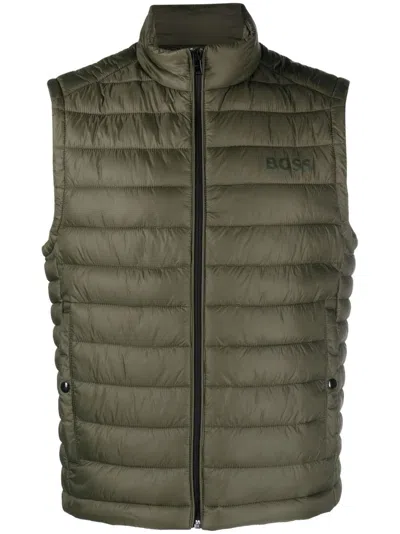 Hugo Boss Tonal Logo-print Quilted Gilet In Green