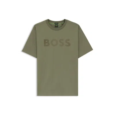 Hugo Boss Tonal-logo T-shirt In Stretch Cotton In Green
