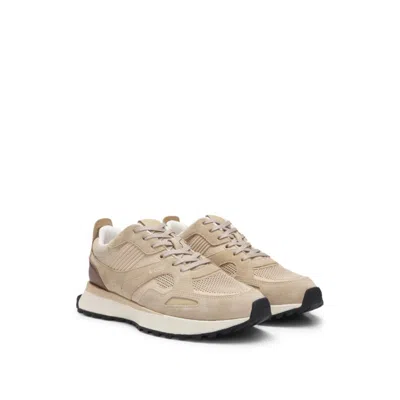 Hugo Boss Trainers With Knit And Burnished-leather Trims In Multi