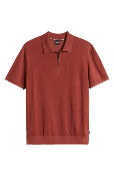 Hugo Boss Trieste Linen Blend Zip Polo Jumper In Open Brown