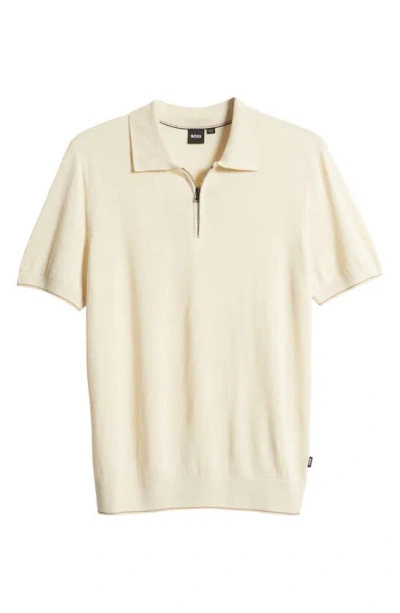 Hugo Boss Trieste Linen Blend Zip Polo Jumper In Open White