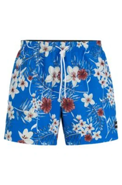 Hugo Boss Tropical-print Quick-drying Swim Shorts With Logo Badge In Blue