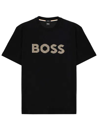 Hugo Boss Stripe-artwork T-shirt In Cotton Jersey In Black