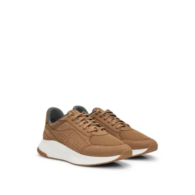Hugo Boss Leather Lace-up Trainers With Mesh Trims In Beige
