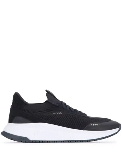 Hugo Boss Boss Man Sneakers Black Size 12 Leather, Textile Fibers In Black