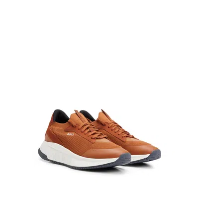 Hugo Boss Sock Trainers With Knitted Upper And Fishbone Sole In Brown