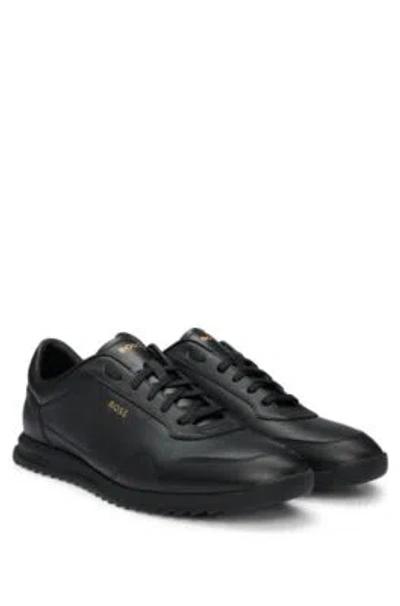 Hugo Boss Tumbled-leather Lace-up Trainers With Plain Trims In Black