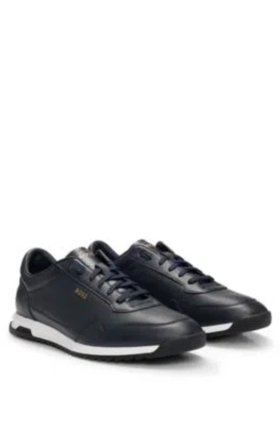 Hugo Boss Tumbled-leather Lace-up Trainers With Plain Trims In Dark Blue