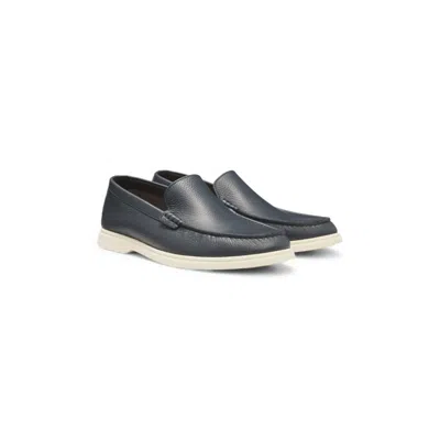 Hugo Boss Tumbled-leather Moccasins With Logo Detail In Gray