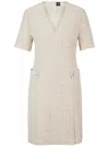 Hugo Boss V-neck Dress In Melange Tweed With Hardware-button Trims In Neutrals