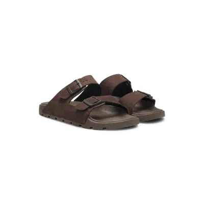 Hugo Boss Twin-strap Slides With Branded Buckles In Brown