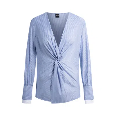 Hugo Boss Twist-front Slim-fit Blouse In Striped Cotton In Blue