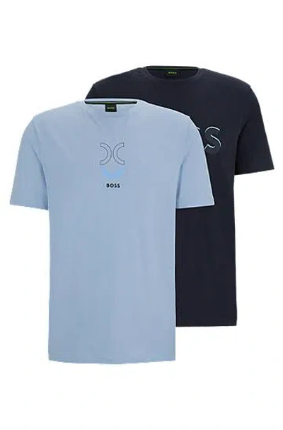 Hugo Boss Two-pack Of Stretch-cotton T-shirts With Logo Artwork In Dark Blue / Light Blue