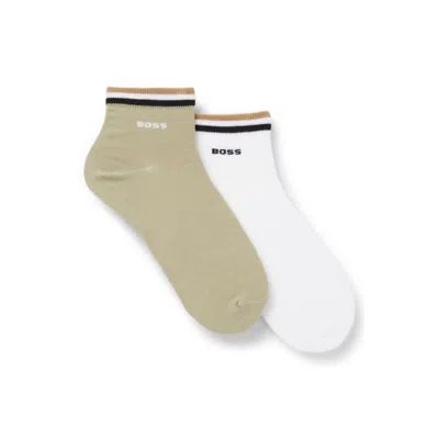 Hugo Boss Two-pack Of Short Socks With Signature-stripe Cuffs In Green