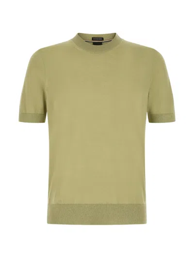 Hugo Boss Umauro Virgin-wool Ribbed-trim T-shirt In Green
