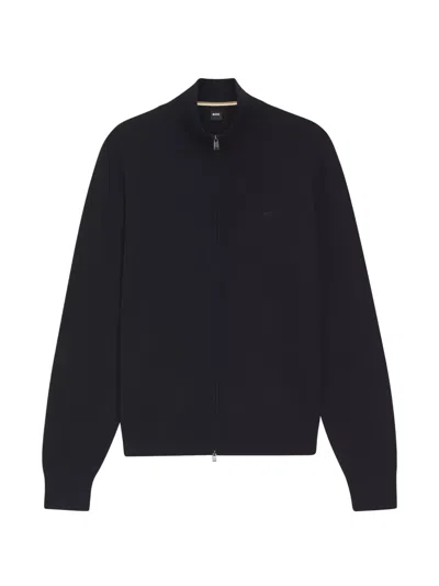 Hugo Boss Logo Cardigan High Collar Ribbed Trims In Black