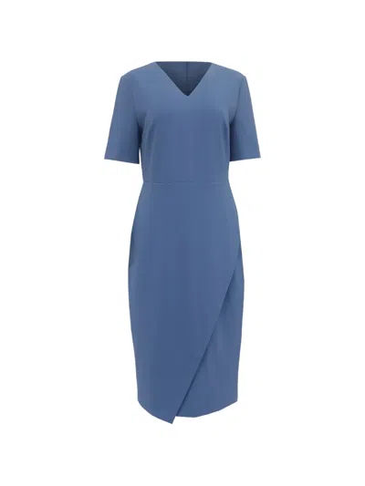 Pre-owned Hugo Boss V-neck Asymmetric Midi Dress In Blue