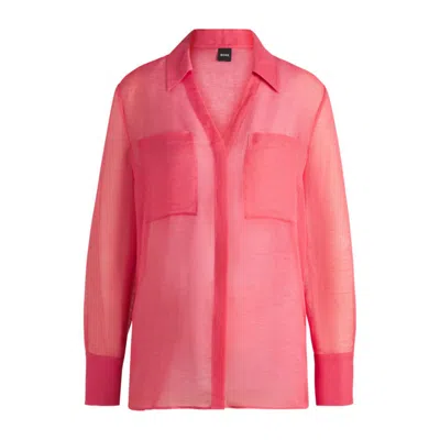 Hugo Boss V-neck Blouse In Ramie With Collar Detail In Pink
