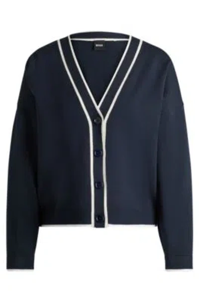 Hugo Boss V-neck Cardigan In Stretch Fabric With Button Closure In Dark Blue
