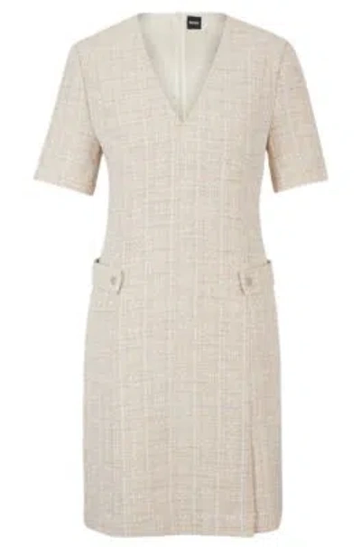 HUGO BOSS V-NECK DRESS IN MELANGE TWEED WITH HARDWARE-BUTTON TRIMS