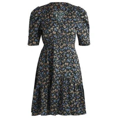 Hugo Boss V-neck Dress In Printed Satin With Gathered Sleeves In Multi