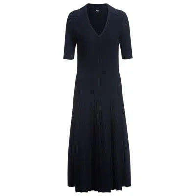 Hugo Boss V-neck Dress With Ribbed Structure In Blue