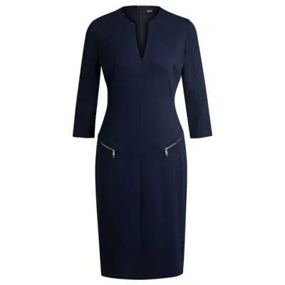 Hugo Boss V-neck Dress With Zipped Pockets And Cropped Sleeves In Blue