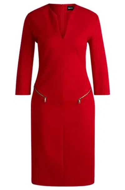 Hugo Boss V-neck Dress With Zipped Pockets And Cropped Sleeves In Red