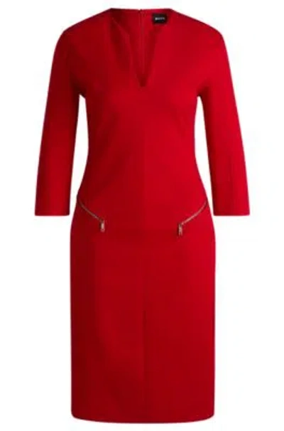 HUGO BOSS V-NECK DRESS WITH ZIPPED POCKETS AND CROPPED SLEEVES