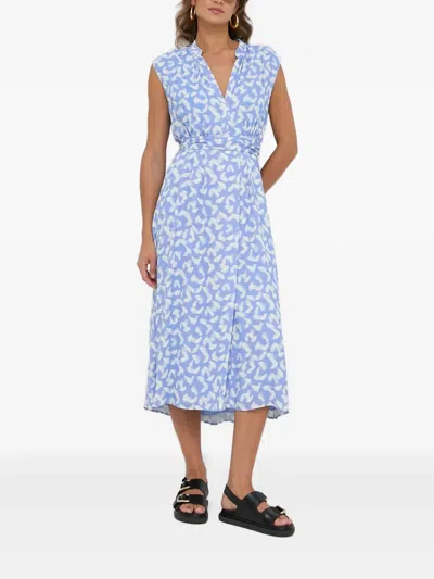 Hugo Boss V-neck Feather-print Midi Dress In Blue