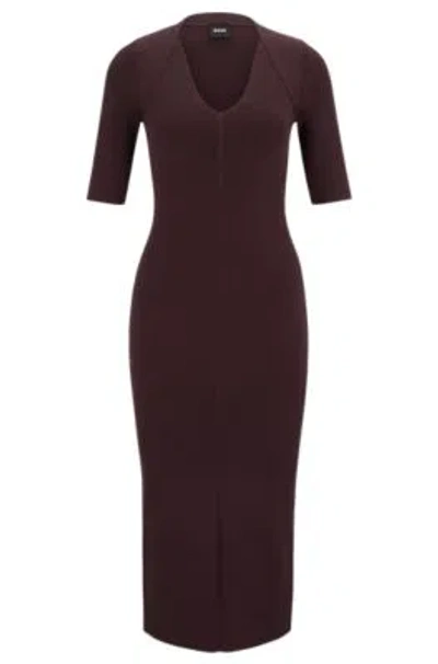 Hugo Boss V-neck Knitted Dress With Cropped Sleeves In Light Red