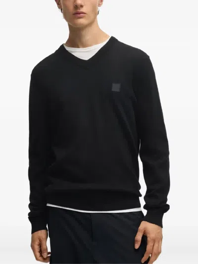 Hugo Boss V-neck Logo-patch Jumper In Black
