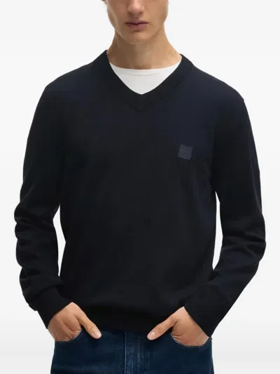 Hugo Boss V-neck Logo-patch Jumper In Blue