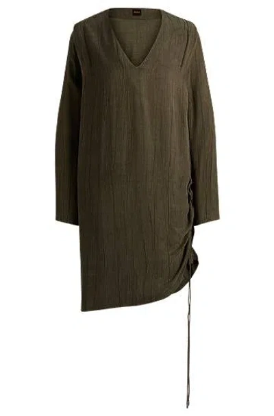 Hugo Boss V-neck Midi Dress With Drawcord Detail In Green