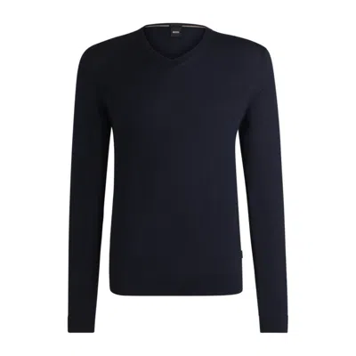 Hugo Boss V-neck Sweater In Merino Wool In Blue