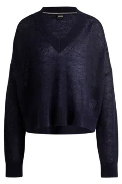 Hugo Boss V-neck Sweater With Melange Effect In Dark Blue