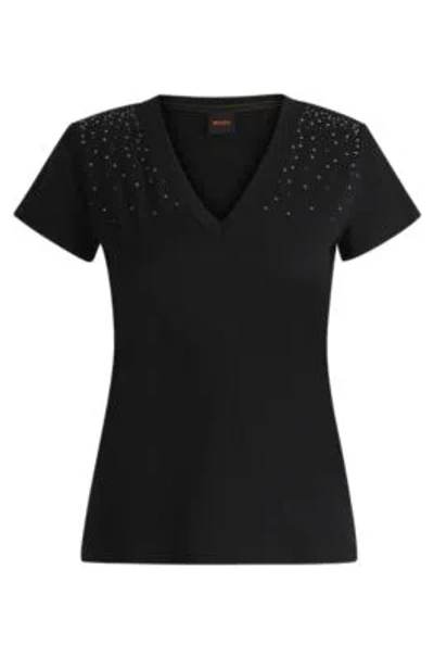 Hugo Boss V-neck T-shirt In Cotton With Embellishments In Black