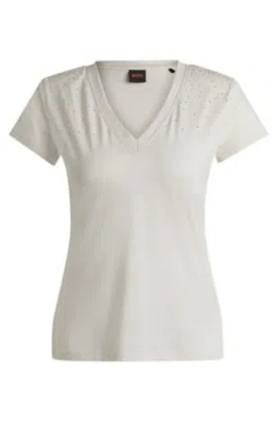 Hugo Boss V-neck T-shirt In Cotton With Embellishments In White