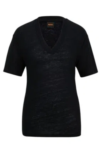 Hugo Boss V-neck T-shirt In Linen In Black