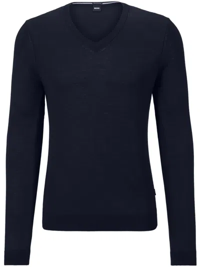 Hugo Boss V-neck Virgin Wool Jumper In Dark Blue 404