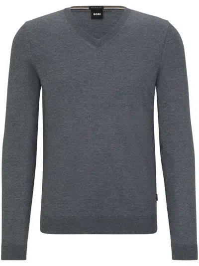 Hugo Boss V-neck Slim-fit Sweater In Virgin Wool In Grey