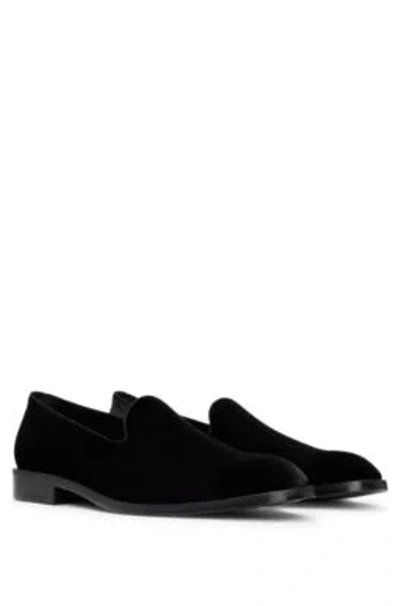 Hugo Boss Velvet Slip-on Loafers With Leather Trims In Black