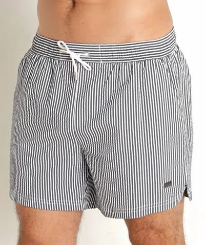 Hugo Boss Velvetfish Striped Seersucker Swim Trunks In Navy In Multi