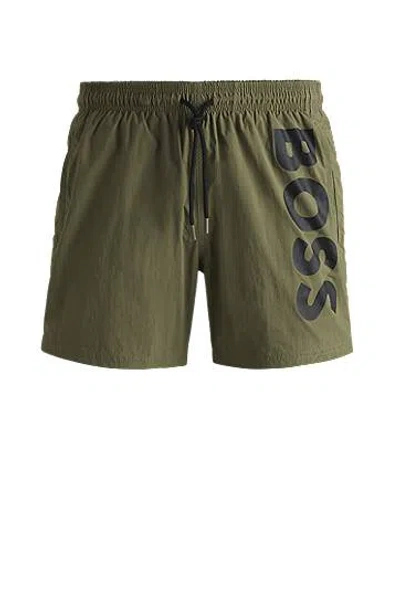 Hugo Boss Vertical-logo-print Swim Shorts In Quick-dry Poplin In Green