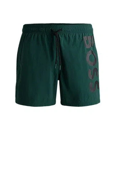 Hugo Boss Vertical-logo-print Swim Shorts In Quick-dry Poplin In Gray