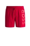 Hugo Boss Vertical-logo-print Swim Shorts In Quick-dry Poplin In Gray